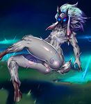  2016 absurd_res anthro blue_eyes breasts butt caprine detailed_background digitigrade female fur grey_fur hair hi_res hooves kindred_(lol) lamb_(lol) league_of_legends long_ears long_hair looking_at_viewer mammal mask navel nipples nude pussy sheep signhereplease simple_background slim small_breasts solo spirit thick_thighs tuft video_games white_background white_hair 