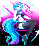  2016 absurd_res anthro anthrofied blue_hair boots breasts cleavage clothed clothing cutie_mark equine eyewear female footwear friendship_is_magic glasses hair hi_res horn koveliana legwear looking_at_viewer mammal my_little_pony navel orange_eyes short_hair smile solo thigh_high_boots thigh_highs unicorn vinyl_scratch_(mlp) wide_hips 
