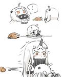  2girls ahoge bird blush carrying chicken_(food) claws comic commentary_request dish flying_sweatdrops food horn kantai_collection long_hair motion_lines multiple_girls northern_ocean_hime ohyo orange_eyes seaport_hime shinkaisei-kan sidelocks spoken_ellipsis sweat white_hair 