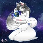  2016 absurd_res anthro areola big_breasts black_nose blue_eyes breasts canine claws earth female fox fur grey_hair hair hi_res hindpaw huge_breasts kneeling lips long_hair looking_down macro mammal nipples okioppai paws smile solo space star thick_thighs white_fur 