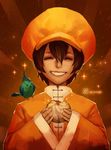  bao baozi bird brown_hair chinese_clothes closed_eyes eating food hat highres male_focus orange_(color) smile solo the_king_of_fighters xiaoguimist 