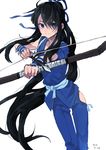  androgynous black_hair blue_eyes bow_(weapon) dated drifters hair_ribbon highres japanese_clothes long_hair male_focus nasu_no_yoichi ponytail rabbit_monster ribbon smile solo very_long_hair weapon 
