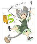  animal_ears arms_up basket bloomers blush_stickers daitai_konna_kanji dress grey_hair highres jewelry mouse mouse_ears mouse_tail nazrin necklace open_mouth red_eyes round_teeth short_eyebrows solo tail tail_hold teeth touhou translated underwear 