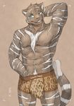  2016 abs anthro biceps blue_eyes boxer_briefs bulge clothed clothing crotch_grab feline fur grey_fur hand_behind_head hi_res looking_at_viewer male mammal muscular muscular_male nude open_mouth pecs pencil_(artwork) penis simple_background smile solo standing stripes teeth tiger tolbi topless traditional_media_(artwork) underwear white_fur 