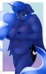 2016 anthro anthrofied areola big_breasts blue_eyes blue_fur blue_hair blush border breasts equine eyelashes female friendship_is_magic fur hair hand_on_breast hi_res horn long_hair looking_at_viewer mammal matimus91 my_little_pony navel nipples open_mouth princess_luna_(mlp) slightly_chubby solo white_border winged_unicorn wings 