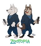  2016 anthro canine clothed clothing disney fur hi_res male mammal open_mouth phone takemoto_arashi wolf zootopia 