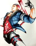  absurdres bandana billy_kane blonde_hair blue_eyes british earrings fatal_fury fingerless_gloves gloves highres hood hoodie jacket jewelry kururi_maru male_focus muscle solo staff the_king_of_fighters three_section_staff union_jack weapon 