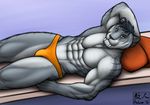  2015 abs anthro aolun athletic biceps blue_hair clothed clothing feline fur grey_fur hair looking_at_viewer male mammal markings muscular orange_eyes pecs pose saber-toothed_cat solo stripes topless underwear white_fur 