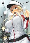  :d adapted_costume blonde_hair blue_eyes blush body_mahattaya_ginga bouncing_breasts breasts breath cowboy_shot exercise girly_running graf_zeppelin_(kantai_collection) grey_hat hair_between_eyes hat heavy_breathing jacket jogging kantai_collection lamppost large_breasts long_hair long_sleeves multiple_girls nose_blush open_mouth outdoors pants peaked_cap plant pole prinz_eugen_(kantai_collection) sidelocks smile solo_focus sparkle sweat tareme teeth track_suit tree twintails v-shaped_eyebrows white_hat white_jacket white_pants |_| 