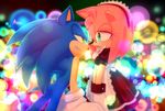  amy_rose anthro black_nose blue_hair clothing duo female gloves green_eyes hair half-closed_eyes headband hedgehog maid_uniform male mammal myly14 open_mouth pink_hair short_hair signature smile sonic_(series) sonic_the_hedgehog uniform video_games 