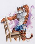  abs athletic bulge chair clothed clothing feline hi_res looking_at_viewer low-angle_view male mammal navel neverwolf pawpads pecs raised_arm signature smile solo stripper_tiger_(zootopia) tiger topless traditional_media_(artwork) whiskers 