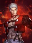  artist_name brown_eyes choker clenched_hand cropped_jacket earrings gloves grin highres jewelry looking_at_viewer male_focus muscle nanakase_yashiro smile solo suspenders the_king_of_fighters white_hair xiaoguimist 
