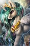  2016 crown equine female friendship_is_magic gem gold_(metal) hi_res horn jewelry mammal my_little_pony necklace obpony portrait princess_celestia_(mlp) raining solo water wet winged_unicorn wings 