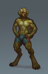  abs absurd_res anthro athletic barefoot biceps blazingifrit blonde_hair brown_fur bulge canine claws clothed clothing fur gideon_(character) hair hi_res male mammal muscular paws pecs shorts solo standing tan_fur toe_claws topless 