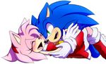  amy_rose anthro bare_shoulders black_nose blue_hair blush boots clothing dress duo eyes_closed female footwear gloves green_eyes hair happy headband hedgehog lying male mammal myly14 on_back open_mouth pink_hair short_hair signature sonic_(series) sonic_the_hedgehog video_games 