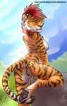  alma_aurora anthro blue_eyes breasts butt clothed clothing feet feline female fur hair lingerie looking_at_viewer looking_back mammal mohawk nipples orange_fur paws pinup pose rear_view red_hair side_boob solo striped_fur stripes tiger topless whiskers 
