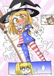  alice_margatroid american_flag_dress american_flag_legwear blonde_hair blood blush braid breasts broom brown_hair clownpiece clownpiece_(cosplay) commentary_request cosplay emphasis_lines frilled_shirt_collar frills full-face_blush futatsuiwa_mamizou hair_ribbon hairband hat hat_ribbon kawara_hajime kirisame_marisa multiple_girls neck_ruff nosebleed pantyhose petite ribbon shirt single_braid small_breasts thumbs_up touhou tress_ribbon white_ribbon witch_hat yellow_eyes ze_(phrase) 