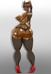  2016 absurd_res anthro areola big_breasts big_butt big_nipples black_nose bow breasts brown_fur brown_hair brown_nipples butt clothing ear_piercing female fur hair hi_res high_heels legwear long_hair looking_at_viewer nipples okioppai panties piercing simple_background smile solo standing stockings tattoo thick_thighs thong underwear unknown_species white_background wide_hips 