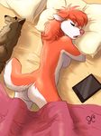  2015 anthro balto_(film) bed bed_sheet bedding bird&#039;s-eye_view breasts butt canine digital_media_(artwork) dog eyes_closed female fur hair high-angle_view husky jenny_(thelupinprincess) lying mammal multicolored_fur nude on_front open_mouth orange_fur orange_hair pillow pink_nose plushie siberian_husky sleeping solo teeth thelupinprincess tongue two_tone_fur white_fur 