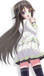  absurdres bassa black_hair black_legwear blue_eyes blush from_behind hair_ornament highres izumi_reina long_hair looking_at_viewer looking_back musaigen_no_phantom_world open_mouth pleated_skirt school_uniform skirt solo thighhighs very_long_hair zettai_ryouiki 