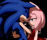  amy_rose anthro bare_shoulders black_nose blue_hair clothing dress duo female gloves green_eyes hair half-closed_eyes headband hedgehog male mammal myly14 pink_hair short_hair signature simple_background sonic_(series) sonic_the_hedgehog video_games 