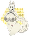  2016 abstract_background absurd_res alpha_channel areola big_breasts big_nipples black_nose breasts clothing female fur green_eyes grey_nipples hair hi_res lips long_hair looking_at_viewer navel nipples okioppai panties shirt smile solo thick_lips thick_thighs underwear unknown_species white_fur white_hair wide_hips 