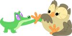  absurd_res alligator alpha_channel avian bird bird_feet feathers feet friendship_is_magic grabbing gummy_(mlp) hi_res my_little_pony owl owlowicous_(mlp) reptile scales scalie simple_background smell sniffing toes transparent_background wings 