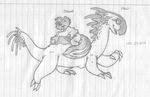  2011 ambiguous_gender anthro buttonverse clothing cub duo english_text feral greyscale hi_res johnny_coon lined_paper looking_back male mammal mizzyam monochrome monster multiple_images open_mouth pants pencil_(artwork) quadruped riding scalie shirt sketch skunk smile text traditional_media_(artwork) valli worried young 