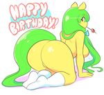  ! 2016 all_fours anthro big_butt birthday breasts butt clothing english_text equine fan_character female green_hair hair horse legwear long_hair looking_back mammal mango_(character) my_little_pony pussy red_eyes simple_background socks solo text theycallhimcake white_background 