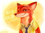  anthro canine cheetahpaws clothed clothing disney fox fur green_eyes half-closed_eyes looking_at_viewer male mammal necktie nick_wilde orange_fur red_fur shirt simple_background smile smug solo warm_colors white_fur zootopia 