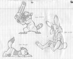  all_fours anthro barefoot bottomless brandishing buckteeth chainsaw clothed clothing cute_fangs featureless_crotch female front_view greyscale hi_res holding_object holding_weapon jake_cottontail lagomorph lined_paper looking_at_viewer mae_marten male mammal marten mizzyam monochrome multiple_images mustelid pencil_(artwork) rabbit raccoon semi-anthro shorts side_view sitting sketch smile smirk solo stalking standing teeth tools traditional_media_(artwork) vice_the_raccoon weapon 