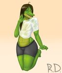  2016 alligator anthro dr_zombie girly hair hi_res kneeling male one_eye_closed open_mouth reptile russie scalie simple_background smile solo wet_hair wet_shirt wink yellow_eyes 