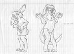  2011 anthro barefoot clothing cub cute_fangs digitigrade duo female front_view greyscale hand_on_hip hi_res jake_cottontail katie_kirster lagomorph lined_paper looking_down male mammal mizzyam monochrome mustelid nervous one-piece_swimsuit open_mouth otter pencil_(artwork) rabbit sketch smile standing swimming_trunks swimsuit traditional_media_(artwork) undressing young 