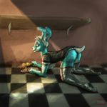  alekksandar anthro blue_fur butt checkered_floor clothed clothing digital_media_(artwork) female fur green_eyes hi_res ivanblon lagomorph legwear maid_uniform mammal panties rabbit solo stockings underwear uniform video_games 