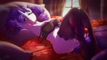  2016 anthro anthrofied anus areola bed bra breasts butt clothing curtains equine female friendship_is_magic hair half-closed_eyes hand_behind_head hi_res horn inside legwear long_hair lying mammal my_little_pony nipples off_shoulder olyagon33 on_back on_bed pillow purple_hair pussy rarity_(mlp) solo stockings thigh_highs underwear unicorn white_skin 