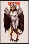  2016 breasts dragon egyptian_vulture eva_(ozawk) female horn hybrid lethal_doors looking_at_viewer navel nipples nude orange_eyes pinup pose smile solo standing whiskers wings 
