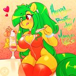  ! &lt;3 0r0ch1 2016 anthro big_breasts birthday blush breasts cleavage clothed clothing dessert english_text equine fan_character female food green_hair hair hi_res horse legwear licking long_hair mammal mango_(character) my_little_pony red_eyes sitting solo text thigh_highs tongue tongue_out 