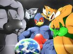  abs anthro avian biceps bird black_nose blue_eyes blue_feathers brown_fur bulge canine claws clothed clothing earth falco_lombardi feathers feet fox fox_mccloud fur green_eyes grey_eyes grey_fur group hair hi_res kuroshinki looking_down macro male mammal muscular nintendo nipples open_mouth pecs smile speedo standing star_fox swimsuit teeth tongue topless video_games white_fur white_hair wolf wolf_o&#039;donnell 
