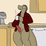  2016 anthro beverage clothed clothing coffee cup erection food lizard male morning_wood partially_clothed penis plaid reptile scalie shirt solo tired trout_(artist) western_fence_lizard 