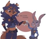  2016 alpha_channel anthro badge brown_eyes buckteeth canine carmelita_fox clothing crossover dialogue disney duo ear_piercing female fist_bump fox fur grey_fur hair hand_on_hip judy_hopps lagomorph littlepolka long_ears mammal midriff navel orange_fur piercing police_uniform purple_eyes rabbit simple_background size_difference sly_cooper_(series) smile teeth transparent_background uniform video_games zootopia 