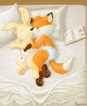  ambiguous_gender anthro bed bedding blanket book canine cub diaper duo fox fur hareluca hi_res lagomorph lying mammal orange_fur pawpads paws pillow rabbit sleeping spooning yellow_fur young 