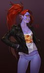  2016 anthro blue_skin bracelet breasts cleavage clothed clothing coaxxxx eye_patch eyewear fangs female fish gills hair hi_res jacket jewelry long_hair looking_at_viewer marine non-mammal_breasts panties ponytail red_hair sharp_teeth shirt simple_background solo teeth undertale underwear undyne video_games yellow_sclera 