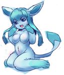  blue_eyes blue_hair breasts canine collarbone eeveelution featureless_breasts female fox glaceon hair hand_on_head handpaw mammal navel nintendo nude open_mouth paws pok&eacute;mon sitting solo video_games 二時間 