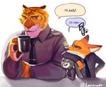  annoyed beverage canine clothing coffee cup dialogue disney feline female food fox fur grey_fur group judy_hopps lagomorph letitrado long_ears male mammal nick_wilde officer_tiger_(zootopia) one_eye_closed orange_fur pawpads police_uniform rabbit simple_background size_difference striped_fur stripes tiger uniform zootopia 