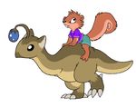 aliasing barefoot buckteeth buttonverse clothing digital_media_(artwork) dinosaur duo female flat_colors hi_res ima_(buttonverse) looking_up male mammal mizzyam monster rickie_squirrel riding rodent shirt shorts side_view size_difference squirrel teeth thinking unknown_species 