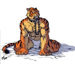  ^69 all_fours anthro chain clothed clothing collar feline fundoshi fur japanese_clothing male mammal simple_background solo spiked_collar tiger topless underwear white_background 