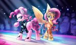  2016 blue_eyes bubble_gum clothing crowd cutie_mark dock duo_focus ear_piercing equine eyewear featureless_crotch female fluttershy_(mlp) friendship_is_magic green_eyes group hair horse jacket jewelry looking_at_viewer looking_back mammal medallion my_little_pony necklace pegasus piercing pink_hair pinkie_pie_(mlp) pony show smile stage style sunglasses tsitra360 wings 