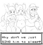  2016 anthro black_and_white breasts clefairy comic covering covering_breasts dialogue elpatrixf english_text female group hat human male mammal monochrome navel nintendo open_mouth pok&eacute;mon pok&eacute;mon_trainer pok&eacute;morph quadriceps_(elpatrixf) reptile ro_(elpatrixf) scalie slightly_chubby text turtle video_games wartortle 