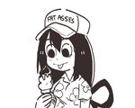  amphibian animal_humanoid asui_tsuyu black_and_white boku_no_hero_academia breasts dessert english_text female food frog_humanoid hat humanoid ice_cream inkerton-kun low_res monochrome solo text tongue tongue_out 