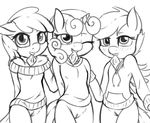  2015 anthro apple_bloom_(mlp) black_and_white blush bottomless clothed clothing condom condom_in_mouth cub cutie_mark_crusaders_(mlp) earth_pony equine fearingfun female friendship_is_magic fur group hair hands_behind_back hi_res horn horse mammal monochrome my_little_pony navel one_eye_closed pegasus pony pussy scootaloo_(mlp) smile sweetie_belle_(mlp) take_your_pick unicorn wings young 